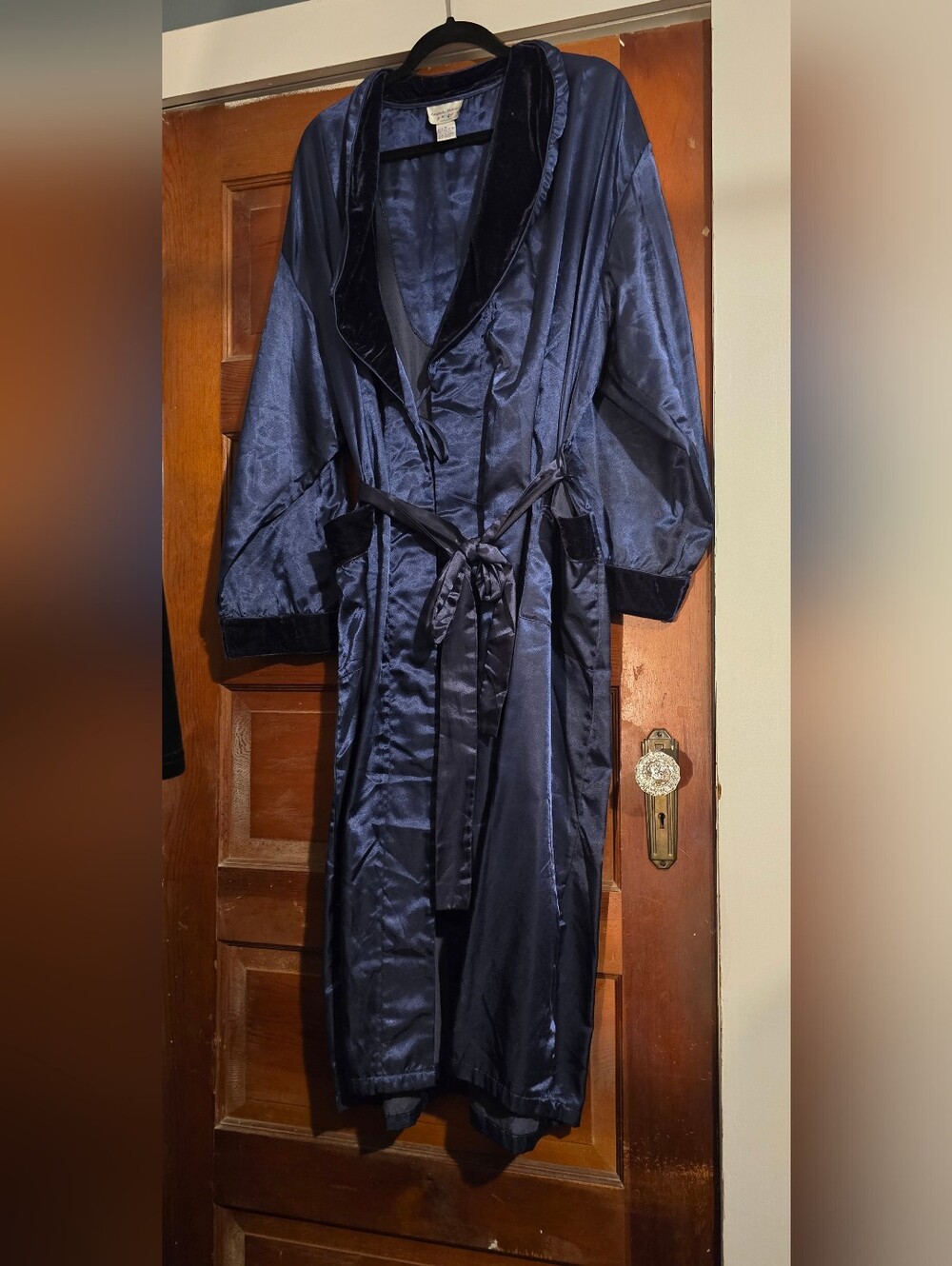 Amanda Stewart Navy Satin Robe with Velvet Trim